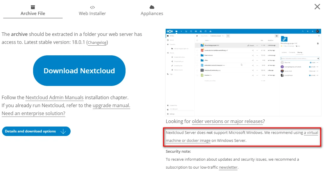 官方提示NextCloud,并不能安装在Windows上